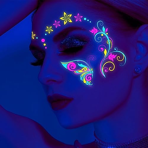 MAYCREATE 8-Sheet UV Neon Face Tattoo Sticker Temporary Tattoos, Glow in the Dark Face Tattoos, Butterfly Mermaid Fluorescence Fake Tattoo Stickers for Halloween Rave Festival Party Supplies MAYCREATE 8-Sheet UV Neon Face Tattoo Sticker Temporary Tattoos, Glow in the Dark Face Tattoos, Butterfly Mermaid Fluorescence Fake Tattoo Stickers for Halloween Rave Festival Party Supplies